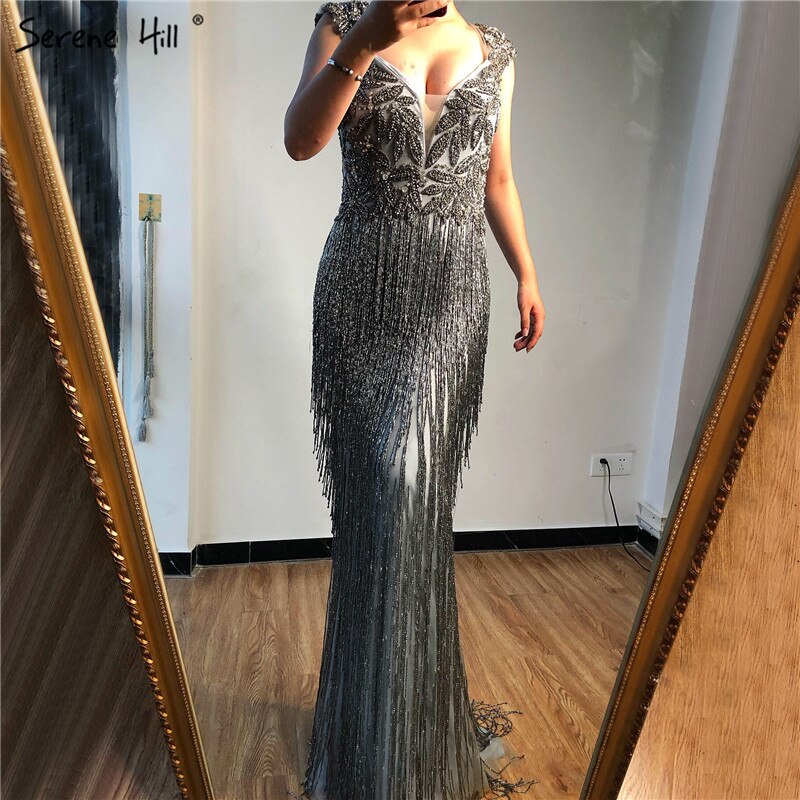 Vestido de noche sexy de lujo de Dubái con escote en V y mangas largas, color plateado, con borlas y cuentas, LA70061 