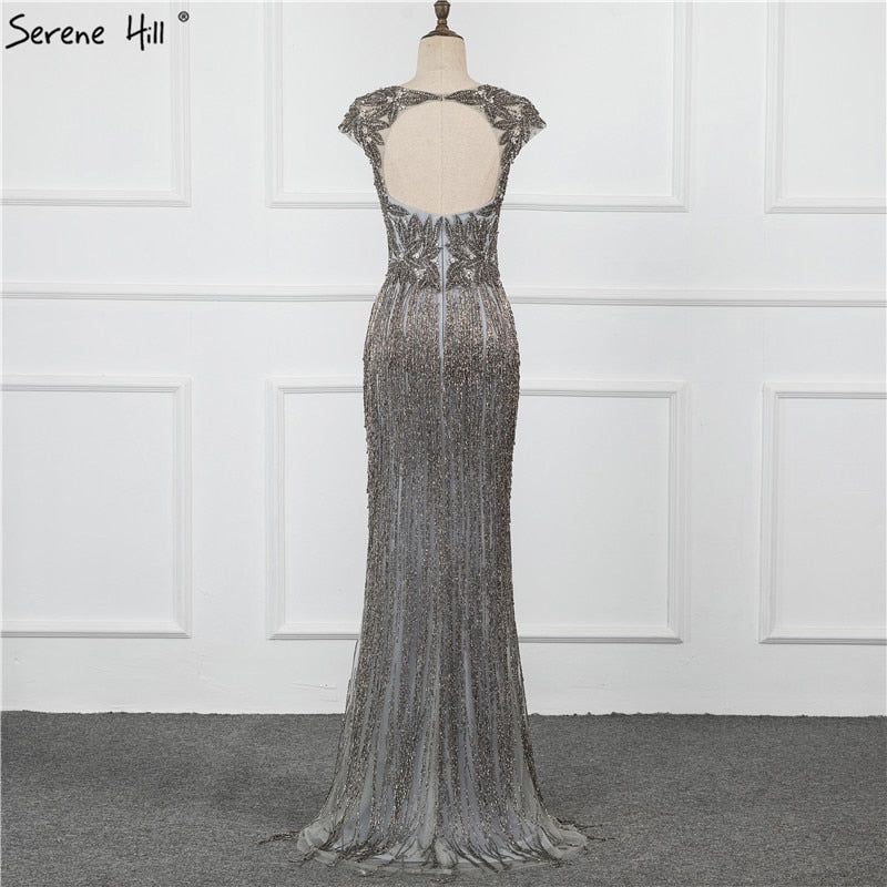 Vestido de noche sexy de lujo de Dubái con escote en V y mangas largas, color plateado, con borlas y cuentas, LA70061 