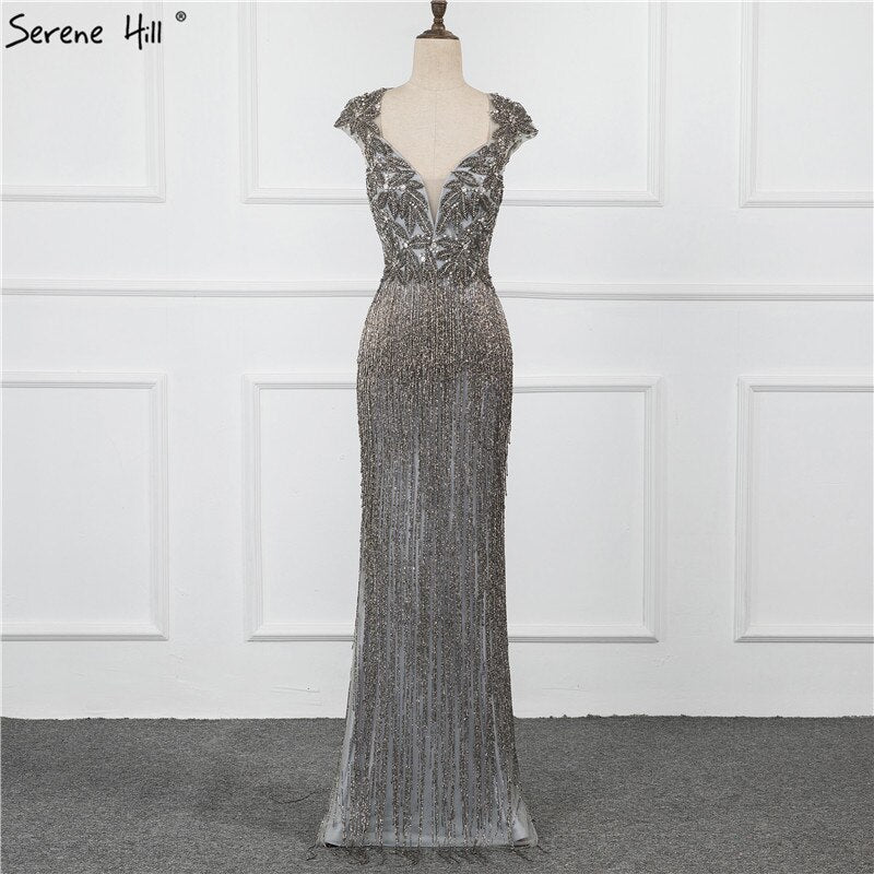 Vestido de noche sexy de lujo de Dubái con escote en V y mangas largas, color plateado, con borlas y cuentas, LA70061 