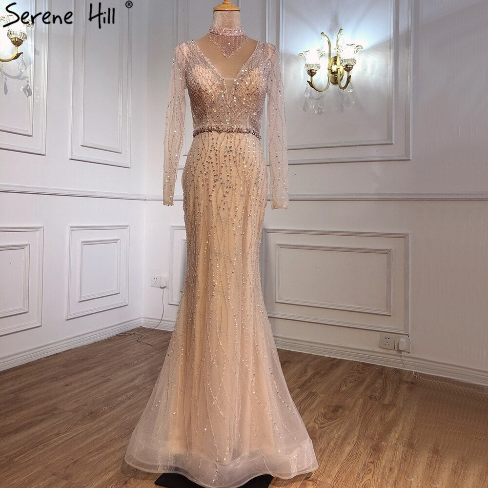 Vestido de noche de sirena de Dubái, con lentejuelas y cuentas rosas, escote en V y mangas largas, vestido formal de lujo 2025 LA70526 