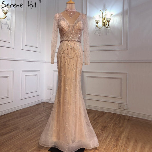 Dubai Meerjungfrau Rosa Perlen Pailletten Abendkleider V-Ausschnitt Lange Ärmel Luxus Abendkleid 2025 LA70526 