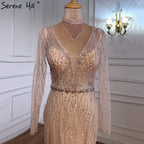 Vestido de noche de sirena de Dubái, con lentejuelas y cuentas rosas, escote en V y mangas largas, vestido formal de lujo 2025 LA70526 