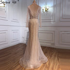 Vestido de noche de sirena de Dubái, con lentejuelas y cuentas rosas, escote en V y mangas largas, vestido formal de lujo 2025 LA70526 