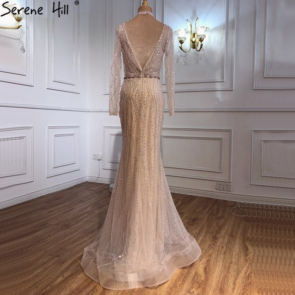Vestido de noche de sirena de Dubái, con lentejuelas y cuentas rosas, escote en V y mangas largas, vestido formal de lujo 2025 LA70526 