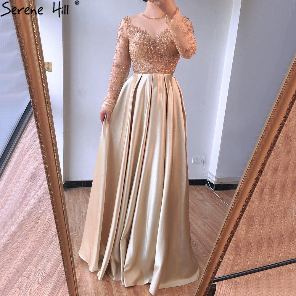 Vestidos de noche largos de satén con cuentas de cristal, corte A, dorados y musulmanes de Dubái, 2025, para mujer, vestido formal LA70550 