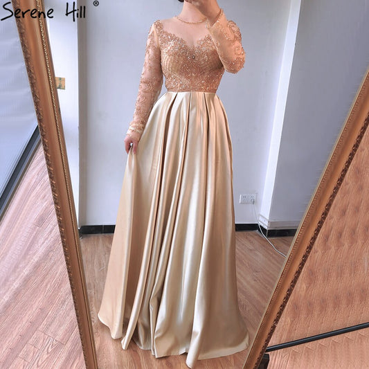 Dubai Mulim Gold A-linie Lange Satin Kristall Perlen Abendkleider 2025 Kleider Für Frau Formale Kleid LA70550 