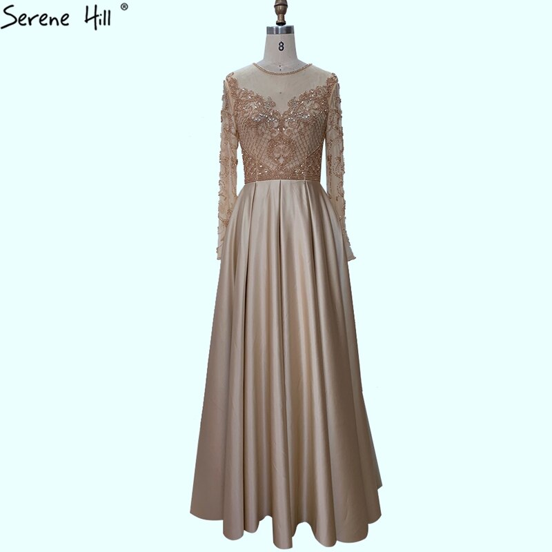 Vestidos de noche largos de satén con cuentas de cristal, corte A, dorados y musulmanes de Dubái, 2025, para mujer, vestido formal LA70550 