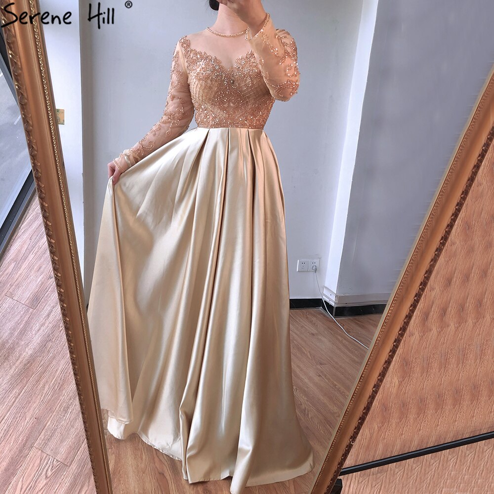 Vestidos de noche largos de satén con cuentas de cristal, corte A, dorados y musulmanes de Dubái, 2025, para mujer, vestido formal LA70550 