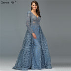 Vestidos de noche largos y elegantes de lujo en azul musulmán de Dubái 2025, vestidos de noche de sirena con cristales, talla grande LA70159 