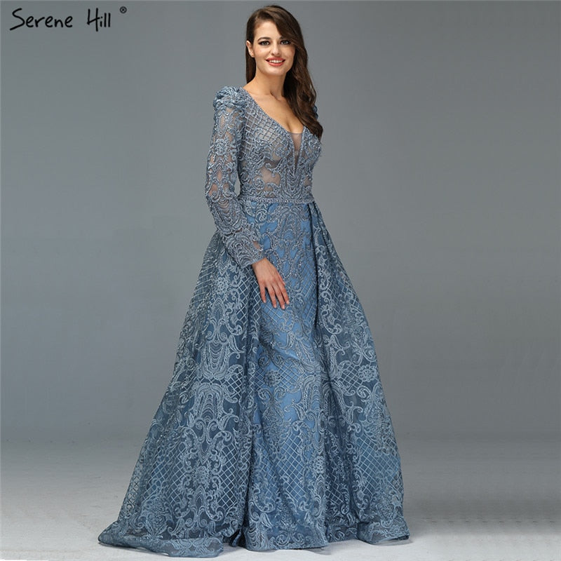 Vestidos de noche largos y elegantes de lujo en azul musulmán de Dubái 2025, vestidos de noche de sirena con cristales, talla grande LA70159 