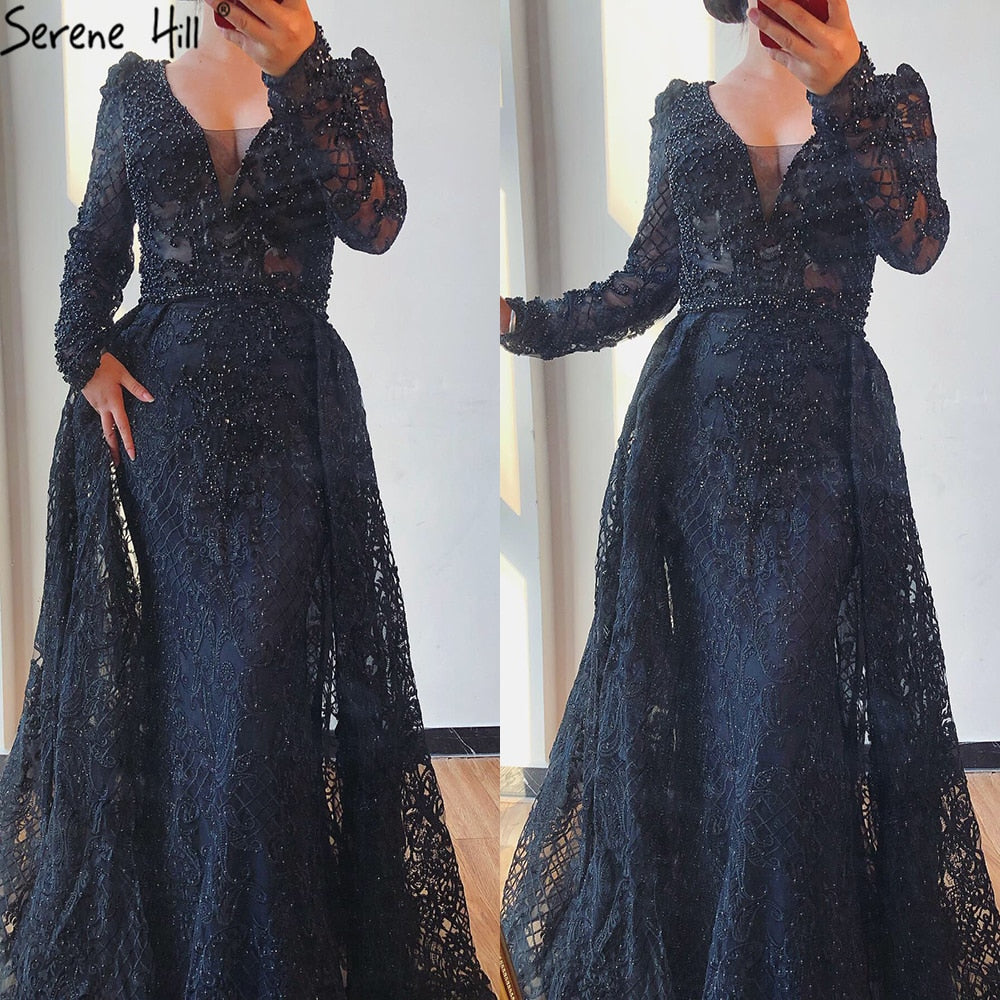 Vestidos de noche largos y elegantes de lujo en azul musulmán de Dubái 2025, vestidos de noche de sirena con cristales, talla grande LA70159 