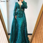 Vestidos de noche largos y elegantes de lujo en azul musulmán de Dubái 2025, vestidos de noche de sirena con cristales, talla grande LA70159 
