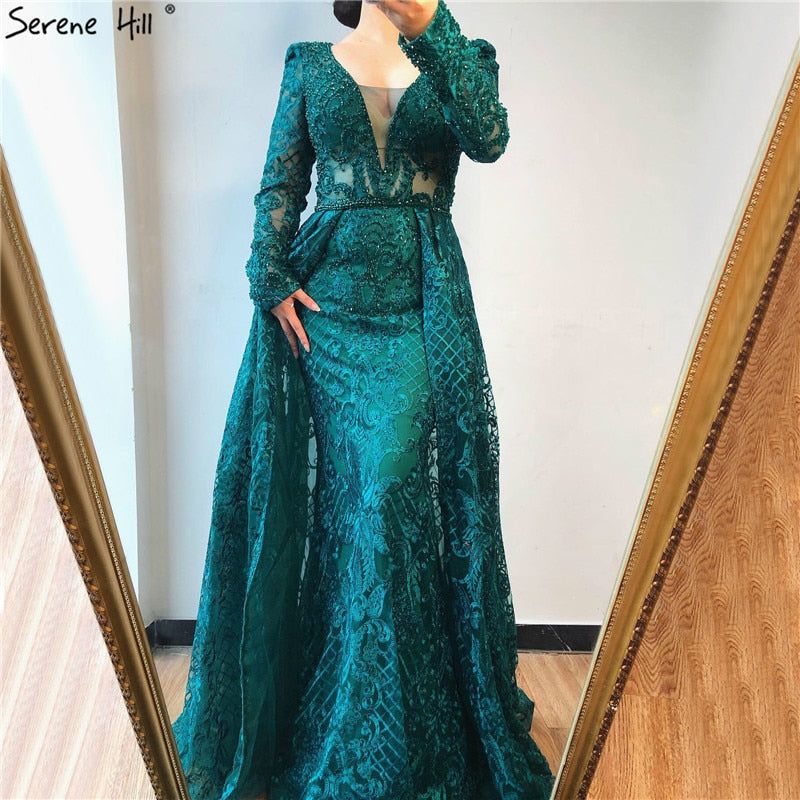 Vestidos de noche largos y elegantes de lujo en azul musulmán de Dubái 2025, vestidos de noche de sirena con cristales, talla grande LA70159 
