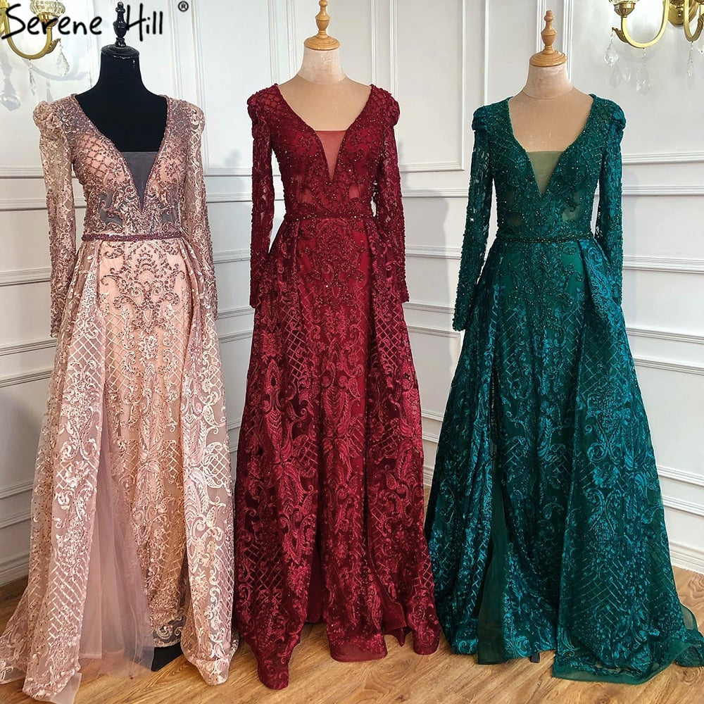 Vestidos de noche largos y elegantes de lujo en azul musulmán de Dubái 2025, vestidos de noche de sirena con cristales, talla grande LA70159 
