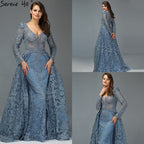 Vestidos de noche largos y elegantes de lujo en azul musulmán de Dubái 2025, vestidos de noche de sirena con cristales, talla grande LA70159 