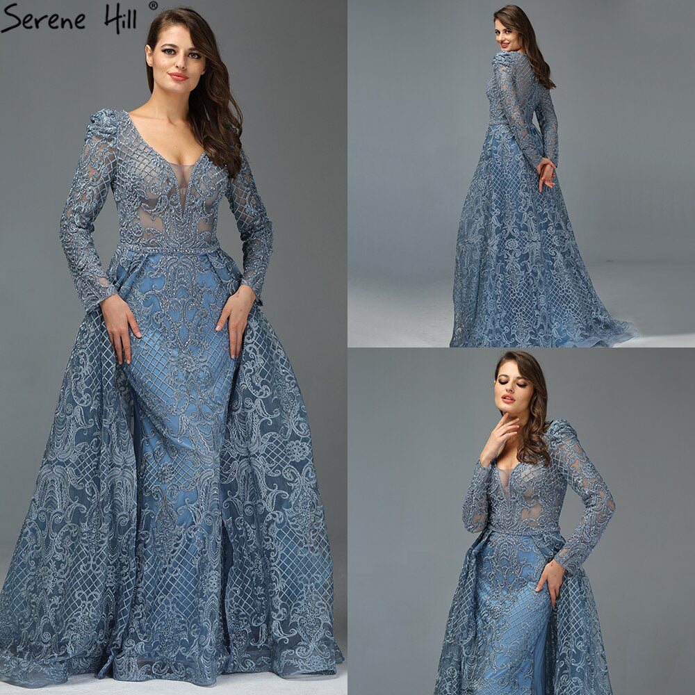 Vestidos de noche largos y elegantes de lujo en azul musulmán de Dubái 2025, vestidos de noche de sirena con cristales, talla grande LA70159 