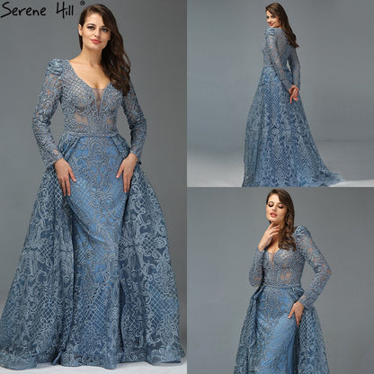 Dubai  Muslim Blue Luxury Long elegant Evening Dresses 2025 Crystal Mermaid Evening Gowns Plus Size LA70159