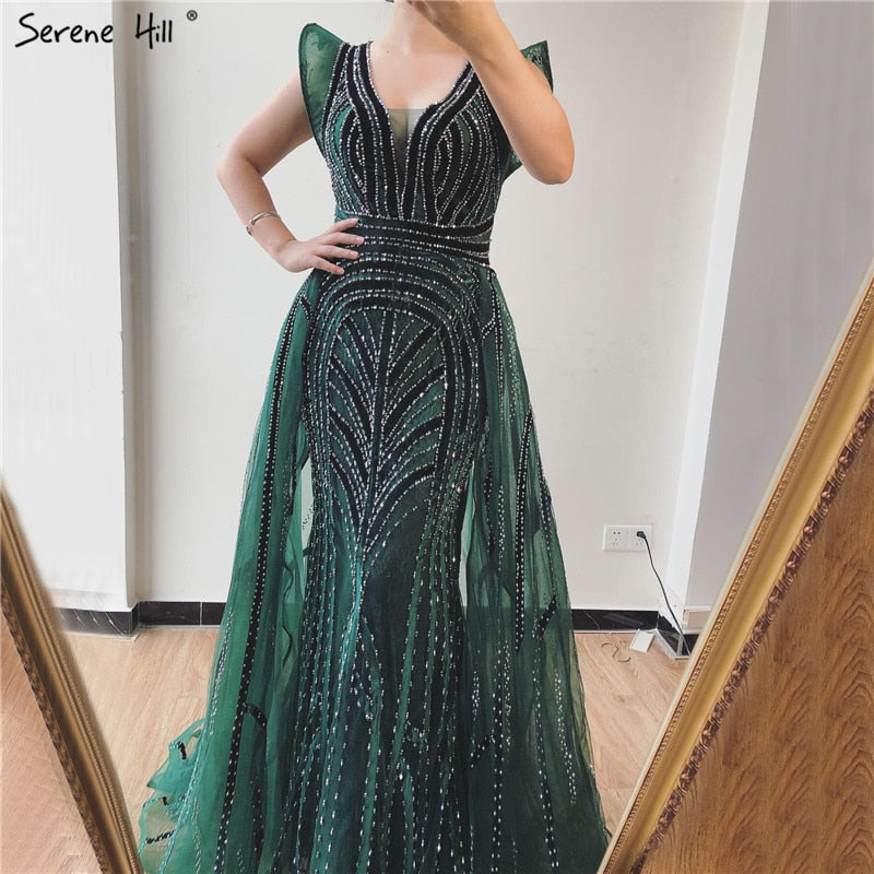 Vestidos de noche azul marino de Dubái con escote en V profundo, sexys, sin mangas, de lujo, con cristales, estilo sirena, diseño LA70198 