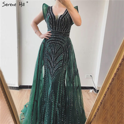 Dubai Navy Blue Deep-V Sexy Evening Dresses 2025 Sleeveless Crystal Luxury Mermaid Evening Gowns Design LA70198