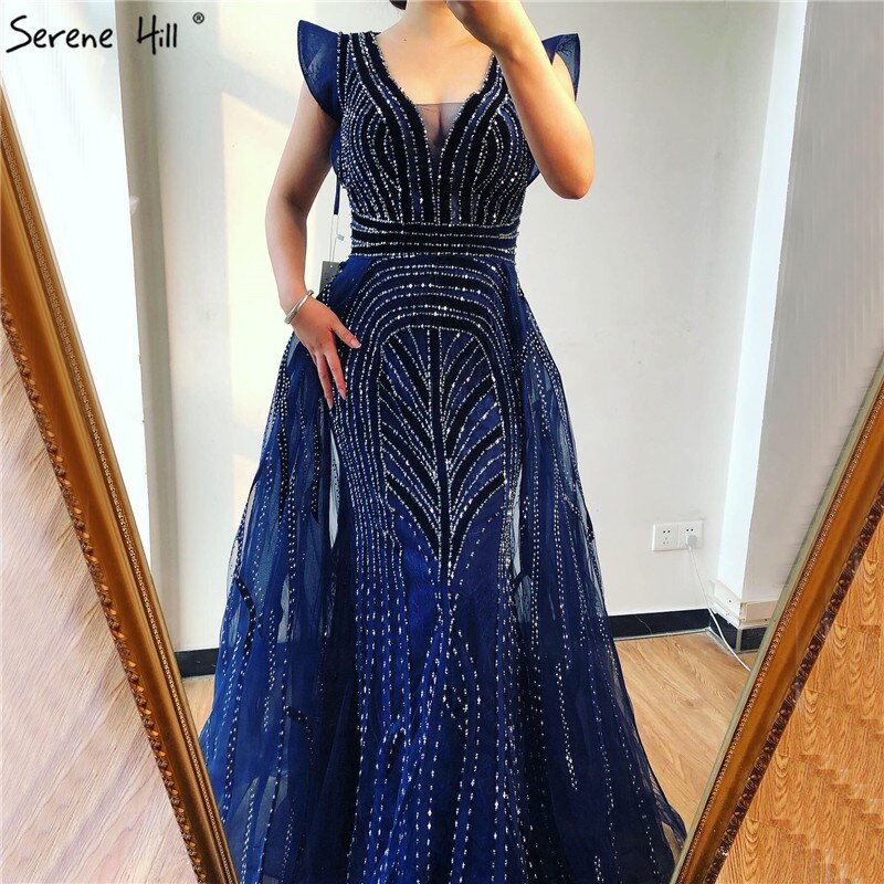 Vestidos de noche azul marino de Dubái con escote en V profundo, sexys, sin mangas, de lujo, con cristales, estilo sirena, diseño LA70198 