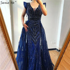 Vestidos de noche azul marino de Dubái con escote en V profundo, sexys, sin mangas, de lujo, con cristales, estilo sirena, diseño LA70198 