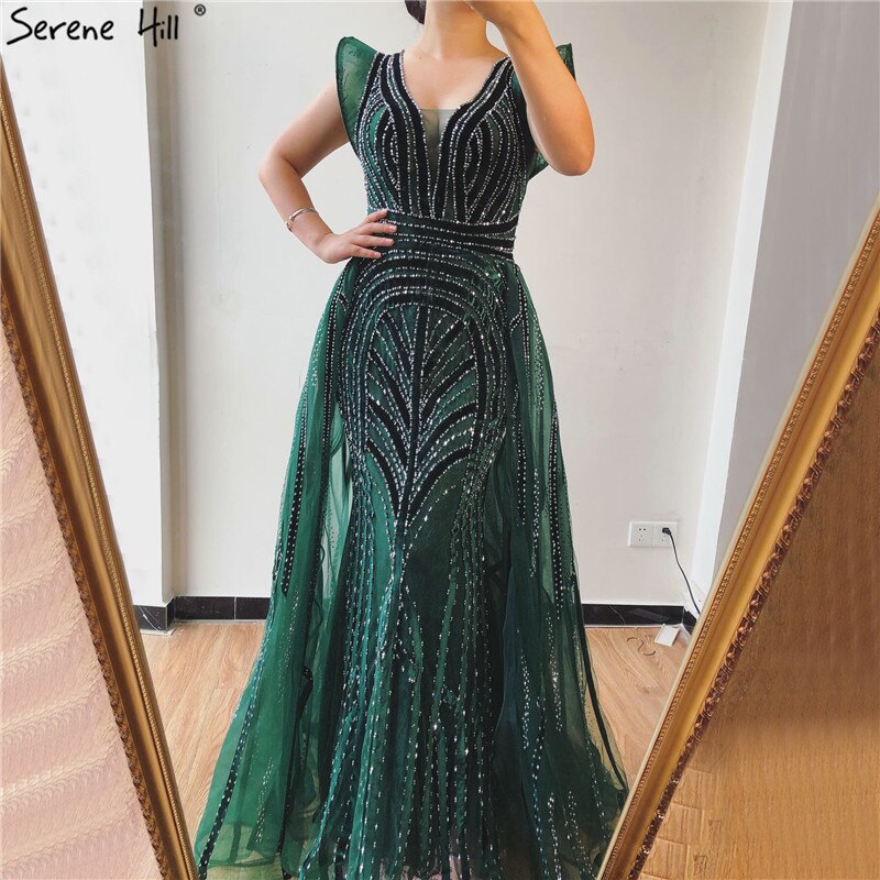 Vestidos de noche azul marino de Dubái con escote en V profundo, sexys, sin mangas, de lujo, con cristales, estilo sirena, diseño LA70198 