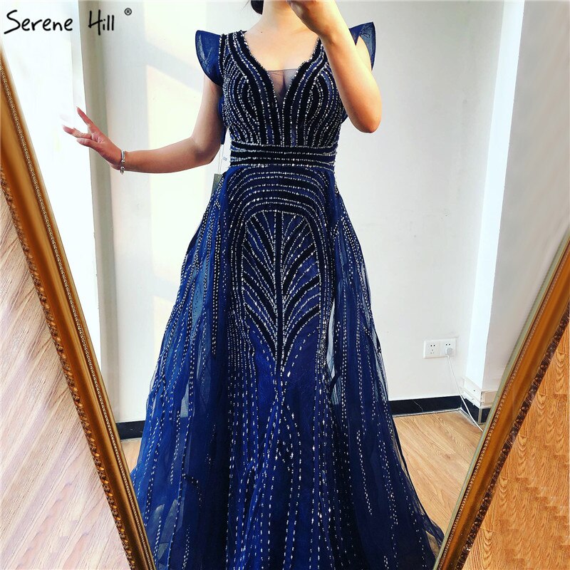 Vestidos de noche azul marino de Dubái con escote en V profundo, sexys, sin mangas, de lujo, con cristales, estilo sirena, diseño LA70198 