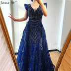 Vestidos de noche azul marino de Dubái con escote en V profundo, sexys, sin mangas, de lujo, con cristales, estilo sirena, diseño LA70198 