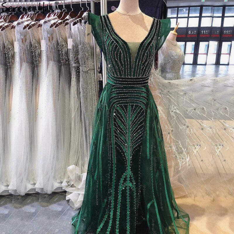 Vestidos de noche azul marino de Dubái con escote en V profundo, sexys, sin mangas, de lujo, con cristales, estilo sirena, diseño LA70198 