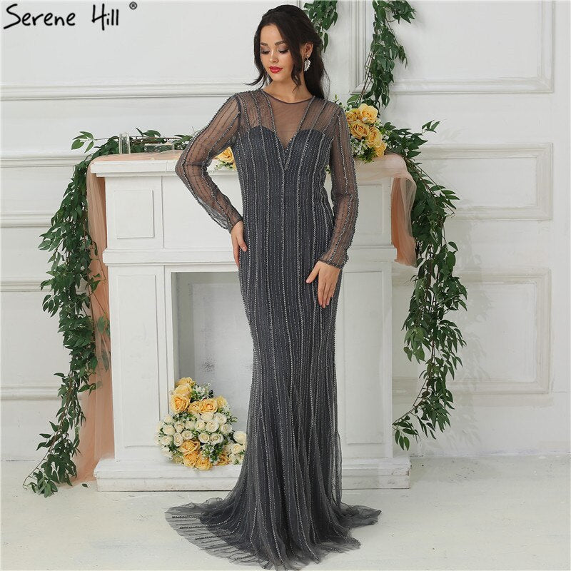 Verkauf Dubai Neue Gold Mode Meerjungfrau Abendkleider 2025 Langen Ärmeln Perlen Sexy Luxus Abend Party Kleid LA6629 