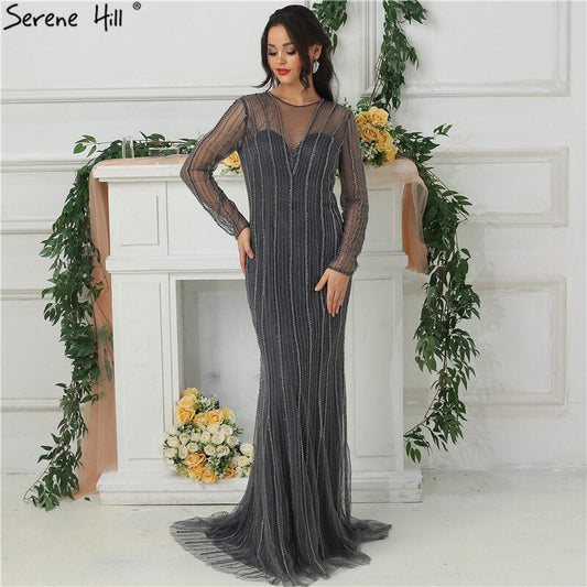 Sale Dubai New Gold Fashion Mermaid Evening Dresses 2025 Long Sleeves Beading Sexy Luxury Evening Party Dress LA6629