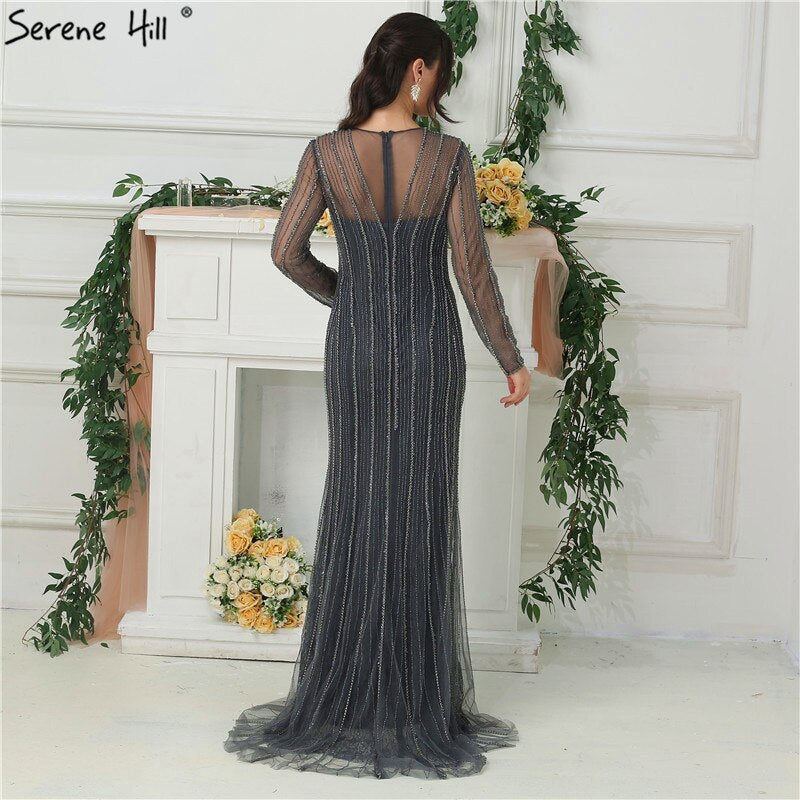 Verkauf Dubai Neue Gold Mode Meerjungfrau Abendkleider 2025 Langen Ärmeln Perlen Sexy Luxus Abend Party Kleid LA6629 