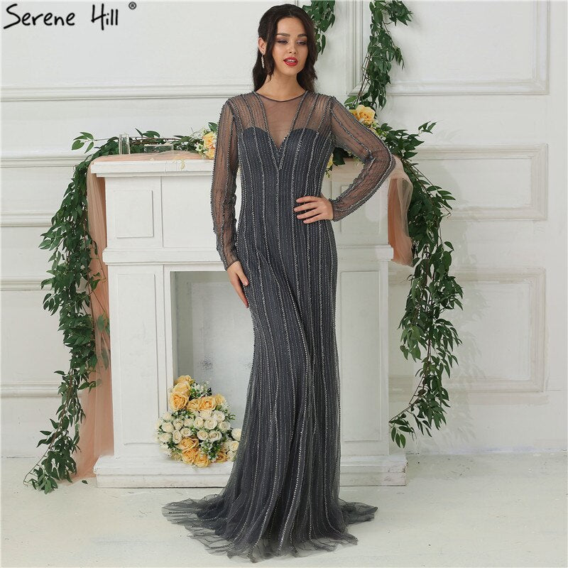 Verkauf Dubai Neue Gold Mode Meerjungfrau Abendkleider 2025 Langen Ärmeln Perlen Sexy Luxus Abend Party Kleid LA6629 