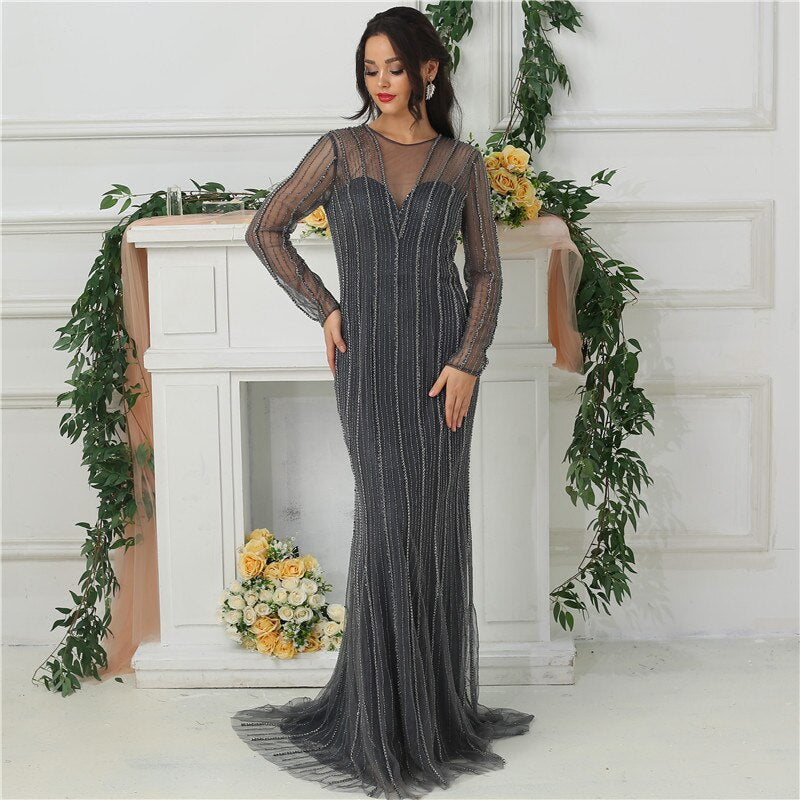 Verkauf Dubai Neue Gold Mode Meerjungfrau Abendkleider 2025 Langen Ärmeln Perlen Sexy Luxus Abend Party Kleid LA6629 