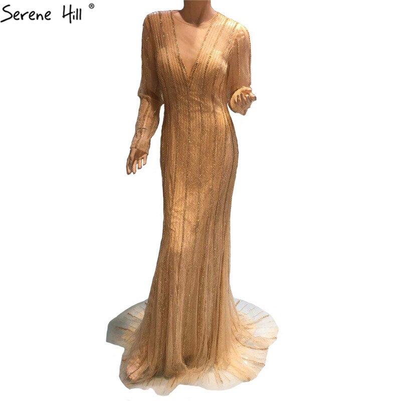 Sale Dubai New Gold Fashion Mermaid Evening Dresses 2025 Long Sleeves Beading Sexy Luxury Evening Party Dress LA6629