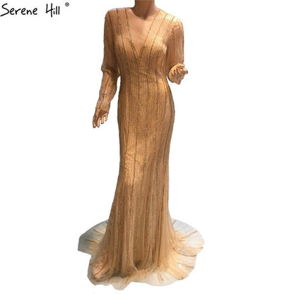 Sale Dubai New Gold Fashion Mermaid Evening Dresses 2025 Long Sleeves Beading Sexy Luxury Evening Party Dress LA6629
