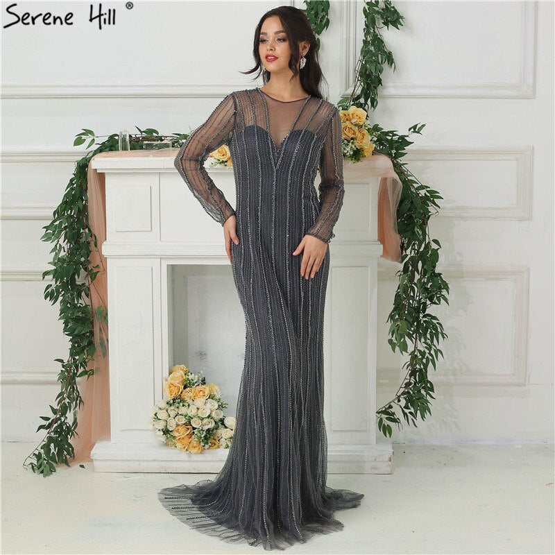 Sale Dubai New Gold Fashion Mermaid Evening Dresses 2025 Long Sleeves Beading Sexy Luxury Evening Party Dress LA6629