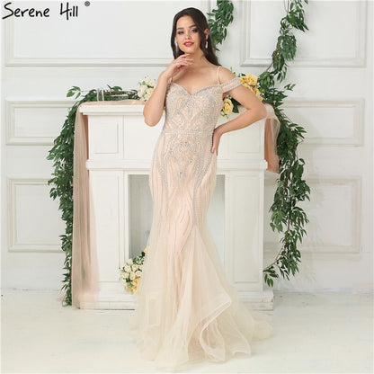 Sale Dubai Nude Boat Neck Luxury Sexy Evening Dresses  Diamond Pearls Off Shoulder Evening Gowns 2025 Real Photo LA6696
