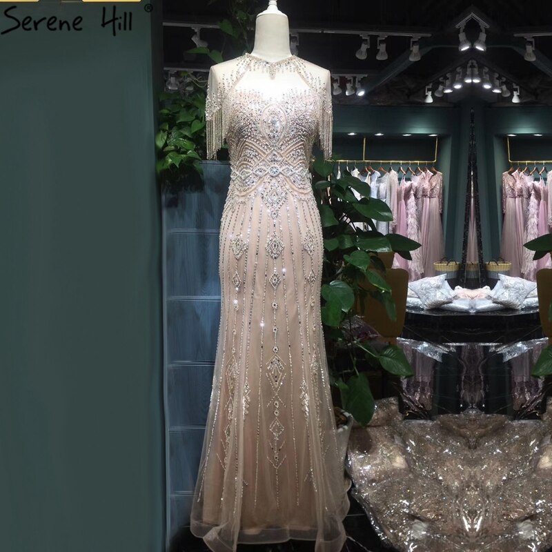Vestido de noche de lujo estilo sirena color nude de Dubái, cuello redondo, manga corta, apliques de cuentas y borlas, LA70646 