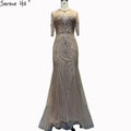 Vestido de noche de lujo estilo sirena color nude de Dubái, cuello redondo, manga corta, apliques de cuentas y borlas, LA70646 