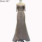 Vestido de noche de lujo estilo sirena color nude de Dubái, cuello redondo, manga corta, apliques de cuentas y borlas, LA70646 