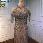Vestido de noche de lujo estilo sirena color nude de Dubái, cuello redondo, manga corta, apliques de cuentas y borlas, LA70646 