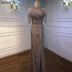 Vestido de noche de lujo estilo sirena color nude de Dubái, cuello redondo, manga corta, apliques de cuentas y borlas, LA70646 