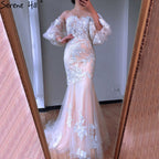 Vestidos de novia sexys de sirena blanca con escote nude en Dubái 2025, con mangas farol y flores y cuentas, LA70417, hechos a medida
