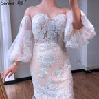 Vestidos de novia sexys de sirena blanca con escote nude en Dubái 2025, con mangas farol y flores y cuentas, LA70417, hechos a medida