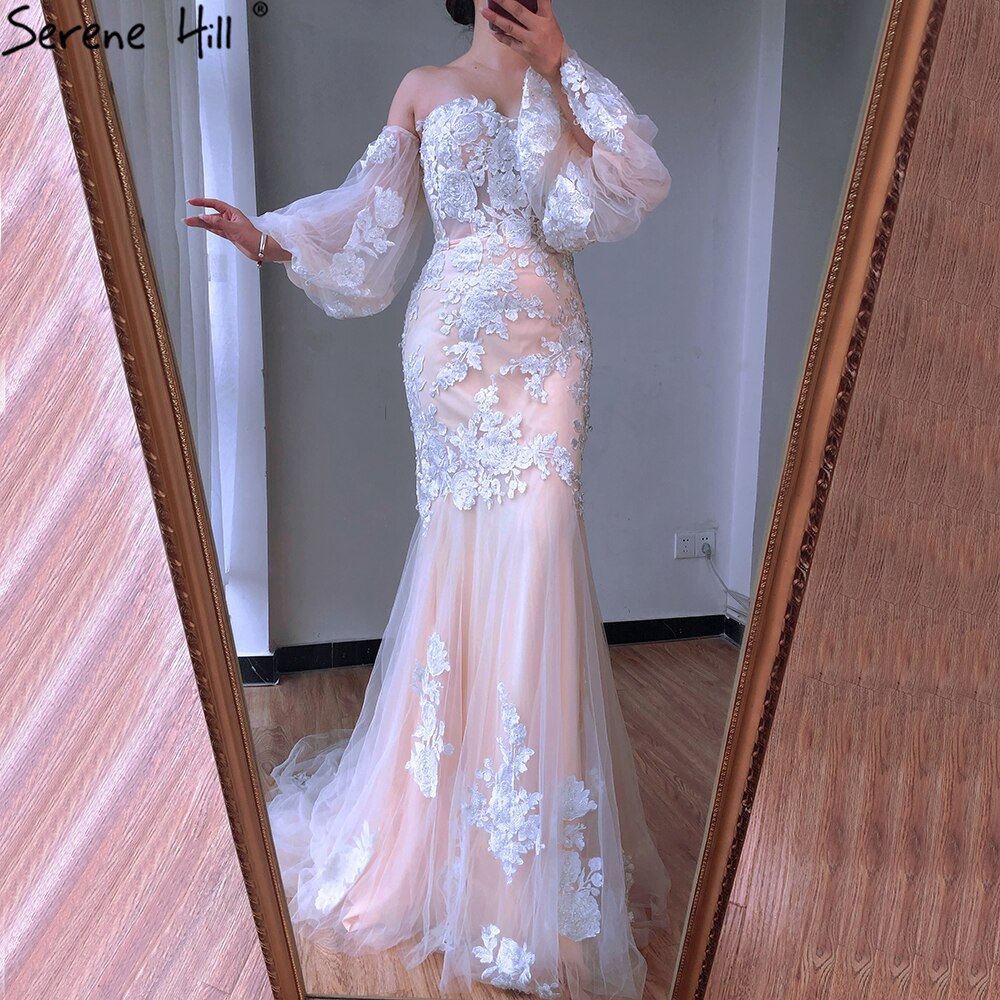 Vestidos de novia sexys de sirena blanca con escote nude en Dubái 2025, con mangas farol y flores y cuentas, LA70417, hechos a medida