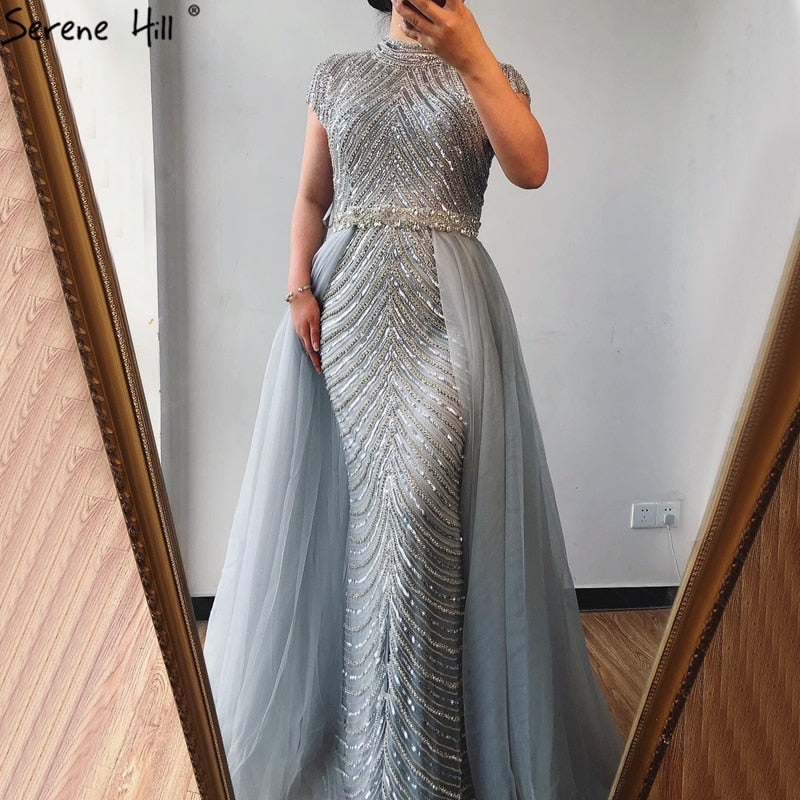 Vestido de noche estilo sirena, sexy, color piel, con escote redondo, mangas cortas y abalorios, estilo Dubái 2025, talla grande LA60777