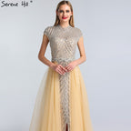 Vestido de noche estilo sirena, sexy, color piel, con escote redondo, mangas cortas y abalorios, estilo Dubái 2025, talla grande LA60777