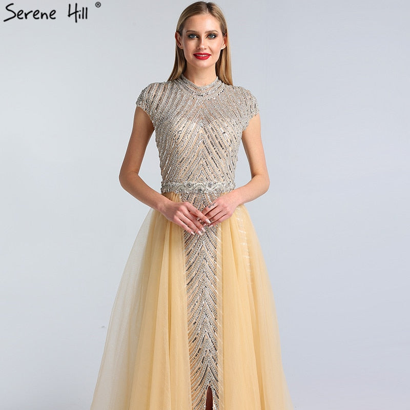 Vestido de noche estilo sirena, sexy, color piel, con escote redondo, mangas cortas y abalorios, estilo Dubái 2025, talla grande LA60777