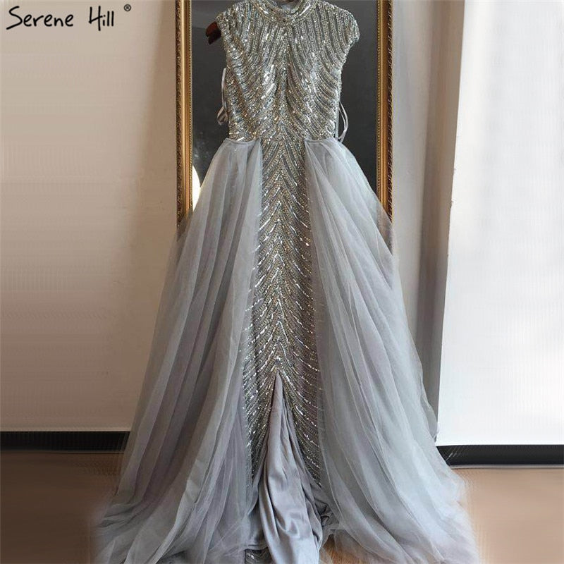 Vestido de noche estilo sirena, sexy, color piel, con escote redondo, mangas cortas y abalorios, estilo Dubái 2025, talla grande LA60777